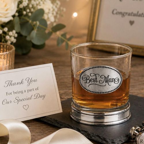 Whisky tumbler with pewter 'Best Man' badge and polished base, partially filled with amber liquid