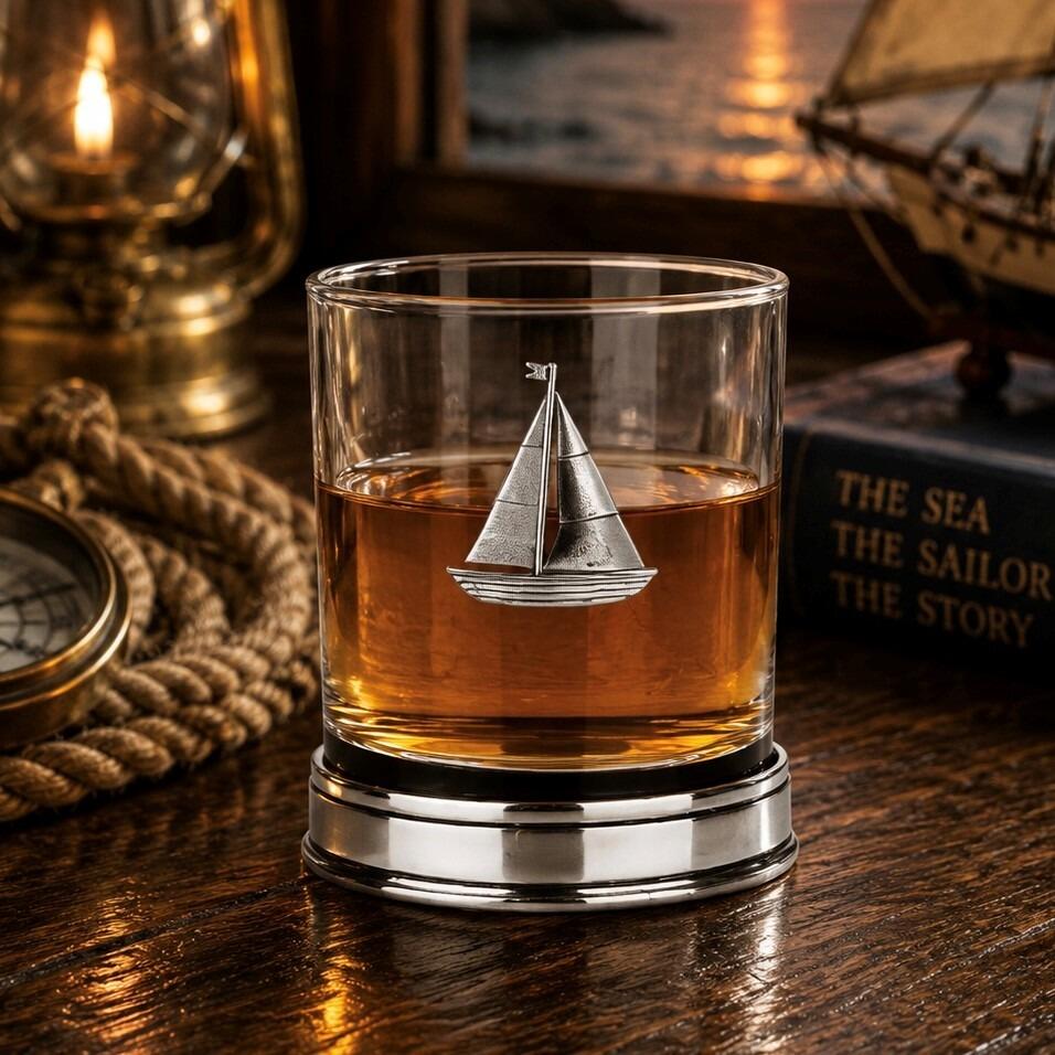 Whisky tumbler with pewter sailing boat emblem and polished base, partially filled with amber liquid