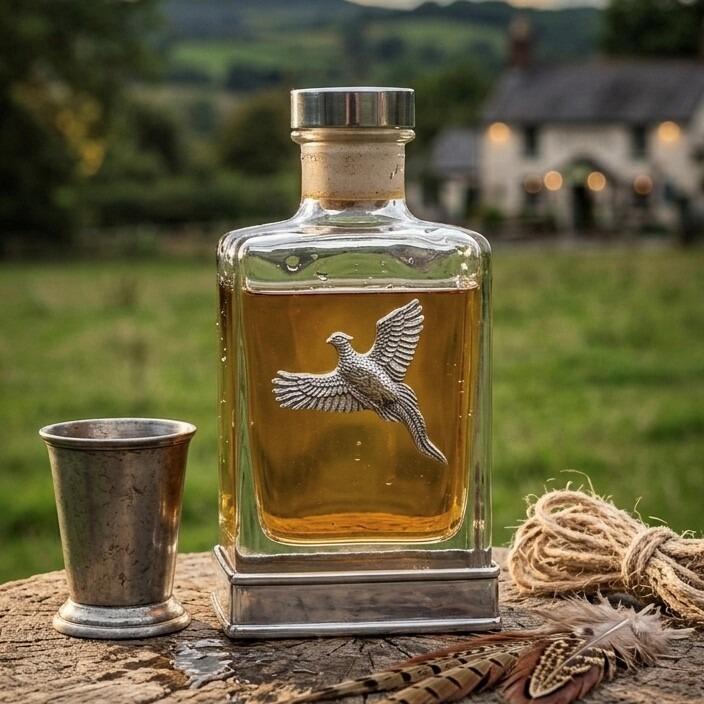 A glass flask with a pewter base and a handcrafted pewter pheasant emblem on the front
