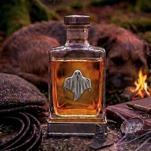 Glass whiskey flask featuring a pewter ghost emblem and metal base in a cozy campfire setting