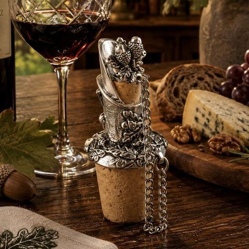 Ornate pewter wine pourer and cork stopper featuring detailed oak leaves and acorns with a metal chain