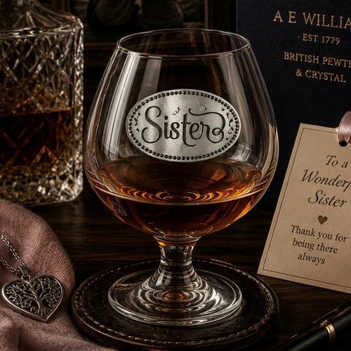 Crystal brandy glass with pewter 'Sister' badge, partially filled with amber liquid