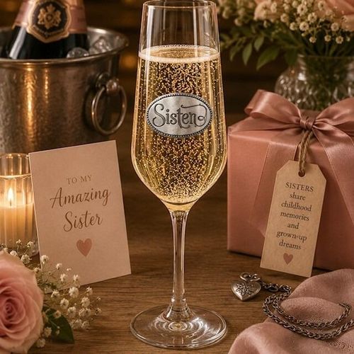 A Champagne Flute with a Pewter Sister badge on the front, filled with Champagne