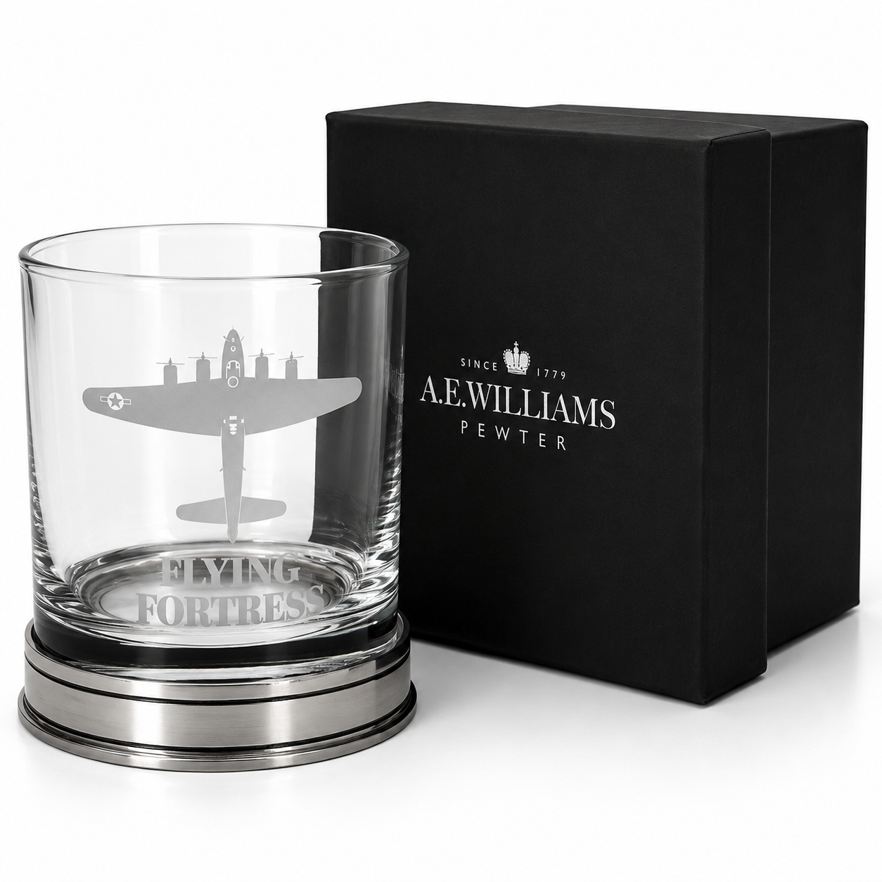 Flying Fortress Whisky Tumbler with a Polished Pewter base next to an A E Williams Box