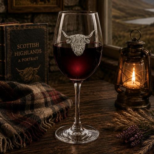 Wine glass with handmade pewter highland cow badge filled with red wine