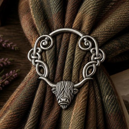 Pewter scarf ring featuring a Scottish Highland cow head with long horns that extend into Celtic swirl openwork, cinching a brown and green tartan scarf