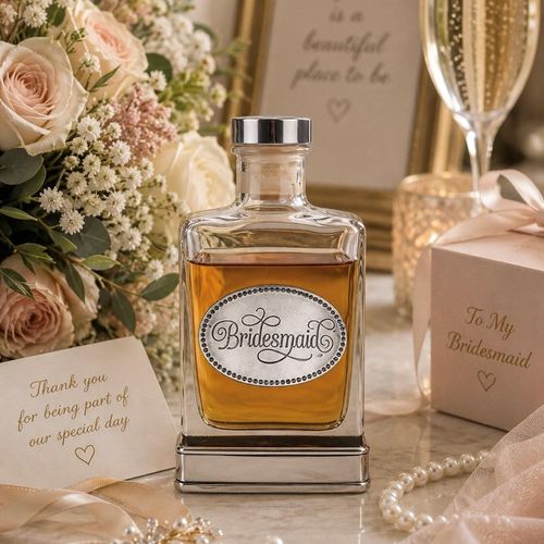 Handcrafted glass hip flask with pewter base featuring detailed bridesmaid emblem on front