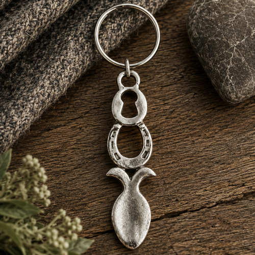 Handcrafted pewter Welsh lovespoon keyring featuring a keyhole cut-out and a lucky horseshoe above a spoon bowl, resting on a rustic wooden background next to grey knit fabric and a smooth stone.
