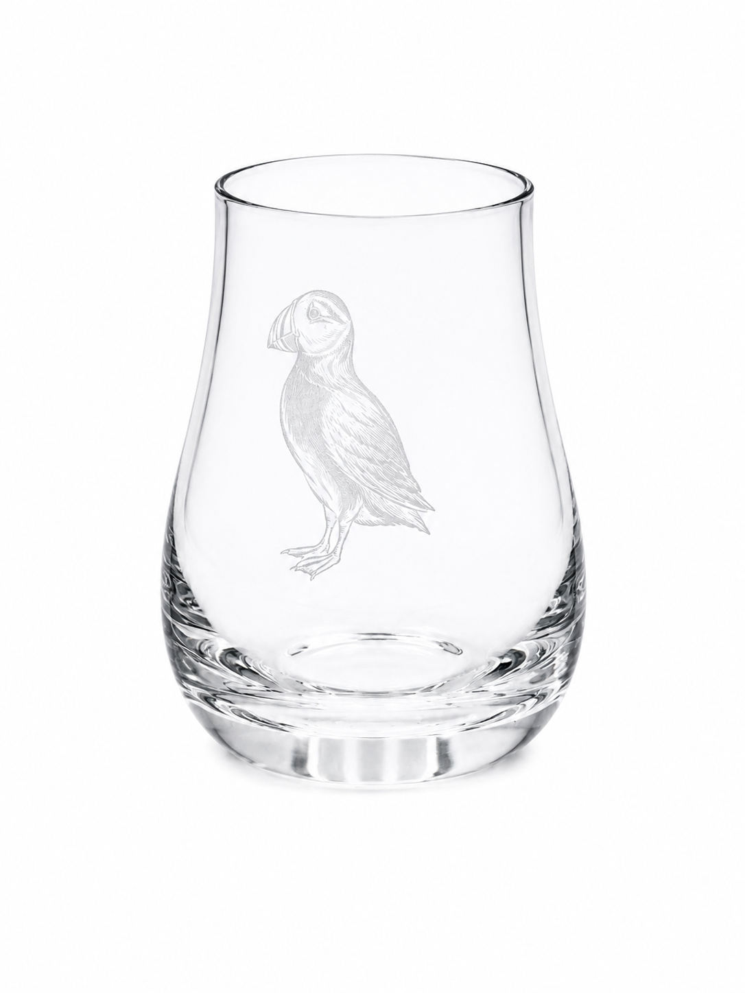 Clear tulip-shaped whisky tasting glass with detailed engraved puffin design