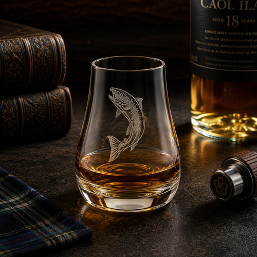 Leaping Salmon engraved whisky taster glass with whisky in a Scottish lifestyle setting