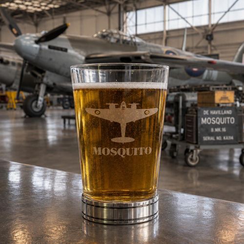 De Havilland Mosquito engraved pint beer glass with polished pewter base in aircraft hangar
