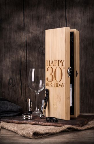 Personalised 30th birthday wooden presentation box with luxury wine accessories including pourer, collar, foil cutter and corkscrew