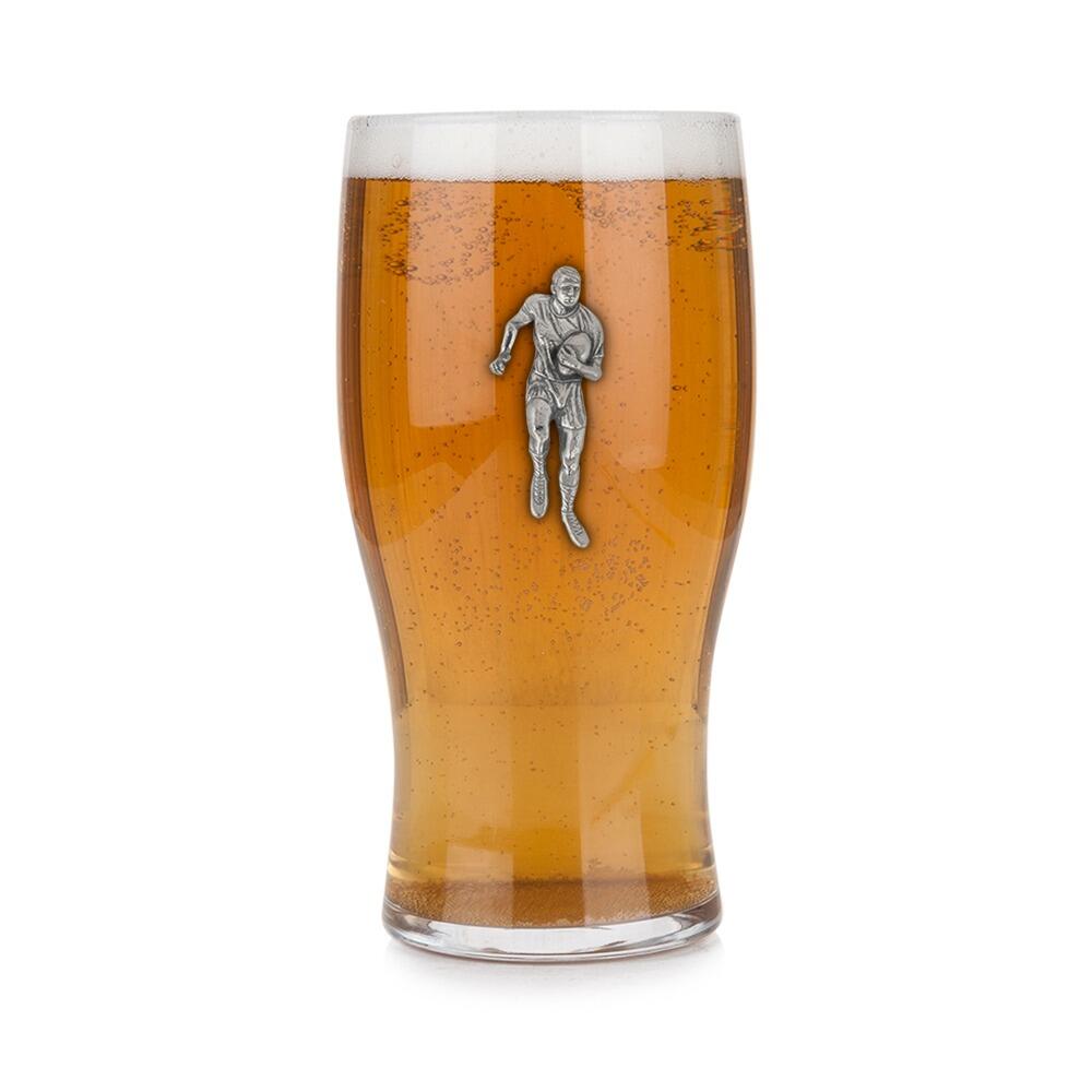 Pint glass with handmade pewter rugby player badge filled with golden beer