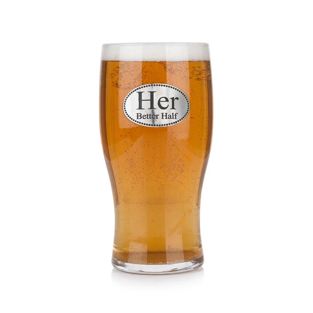 Pint glass with handmade pewter "her" badge featuring elegant script lettering filled with golden beerRetryClaude can make mistakes. Please double-check responses.