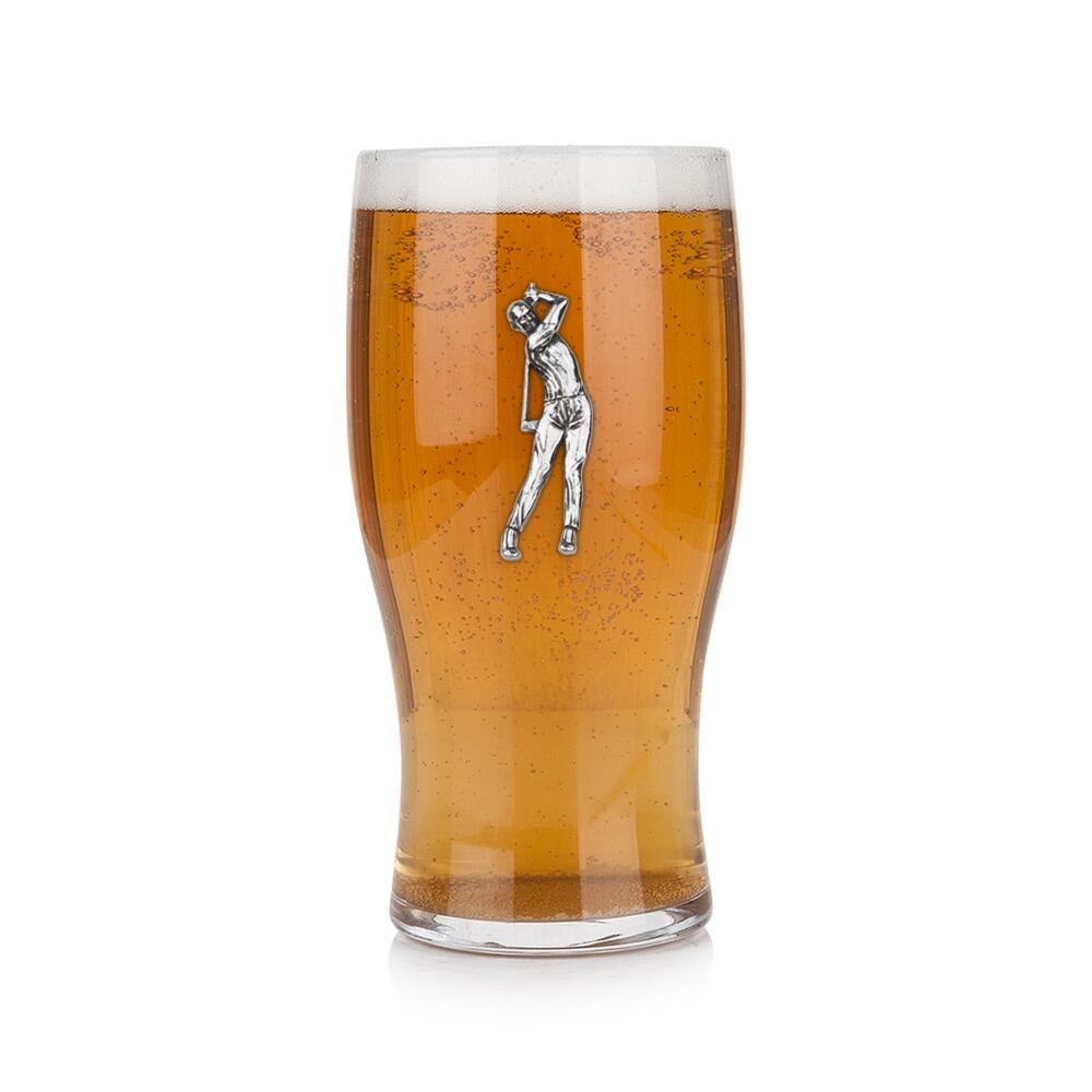 Pint glass with handmade pewter golfing badge featuring golfer swing pose filled with golden beerRetryClaude can make mistakes. Please double-check responses.