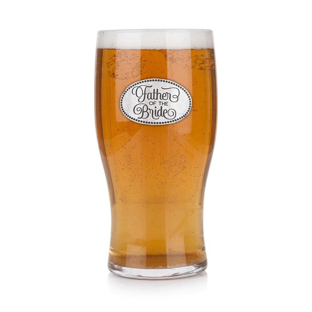 Pint glass with handmade pewter father of the bride in distinguished formal attire badge filled with golden beerRetryClaude can make mistakes. Please double-check responses.