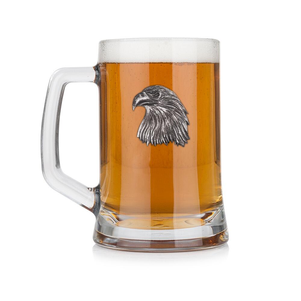 A Beer Tankard with a Pewter Eagle badge on the front, filled with Amber BeerRetryClaude can make mistakes. Please double-check responses.