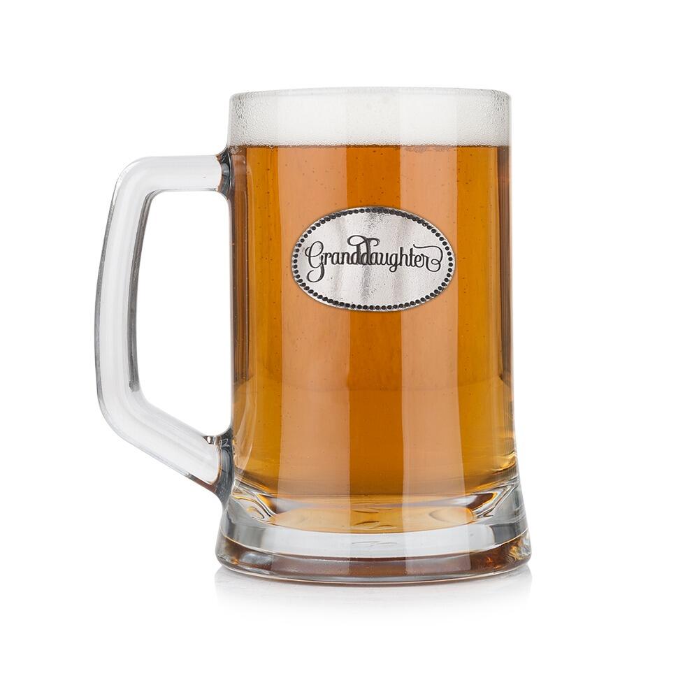 A Beer Tankard with a Pewter Granddaughter badge on the front, filled with Amber BeerRetryClaude can make mistakes. Please double-check responses.