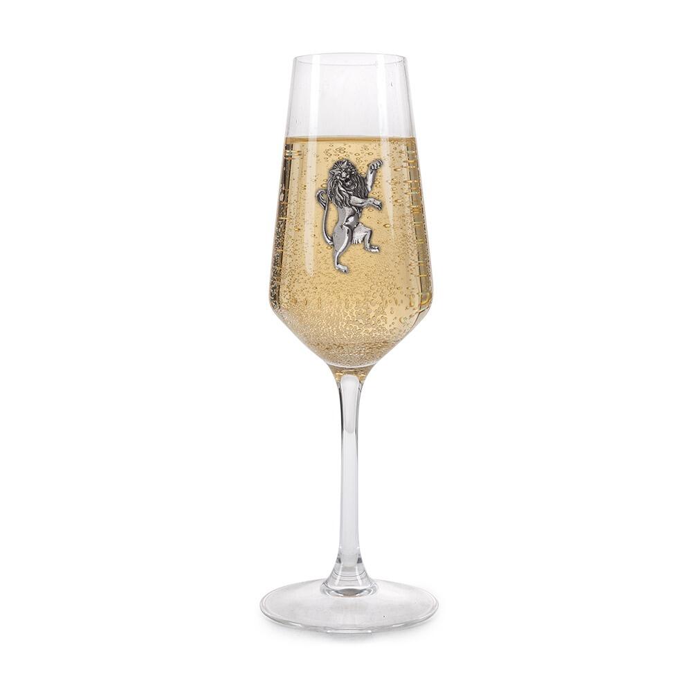 A Champagne Flute with a Pewter Rampant Lion badge on the front, filled with Champagne
