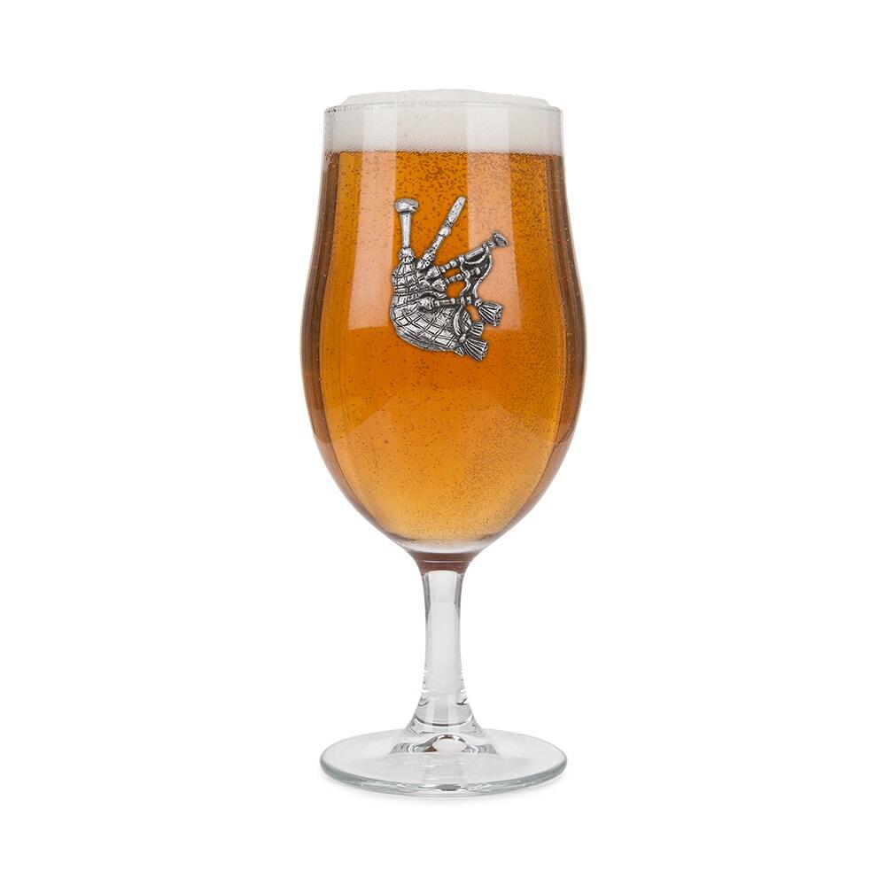 Bagpipes personalised stemmed pint beer glass with pewter monogram