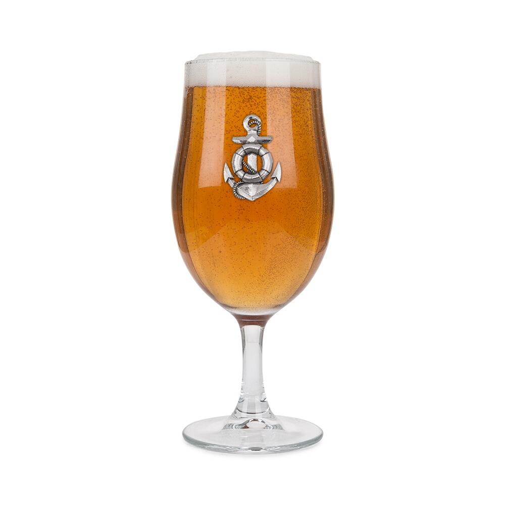 A Stemmed Pint Beer Glass with a Pewter Anchor badge on the front, filled with Beer