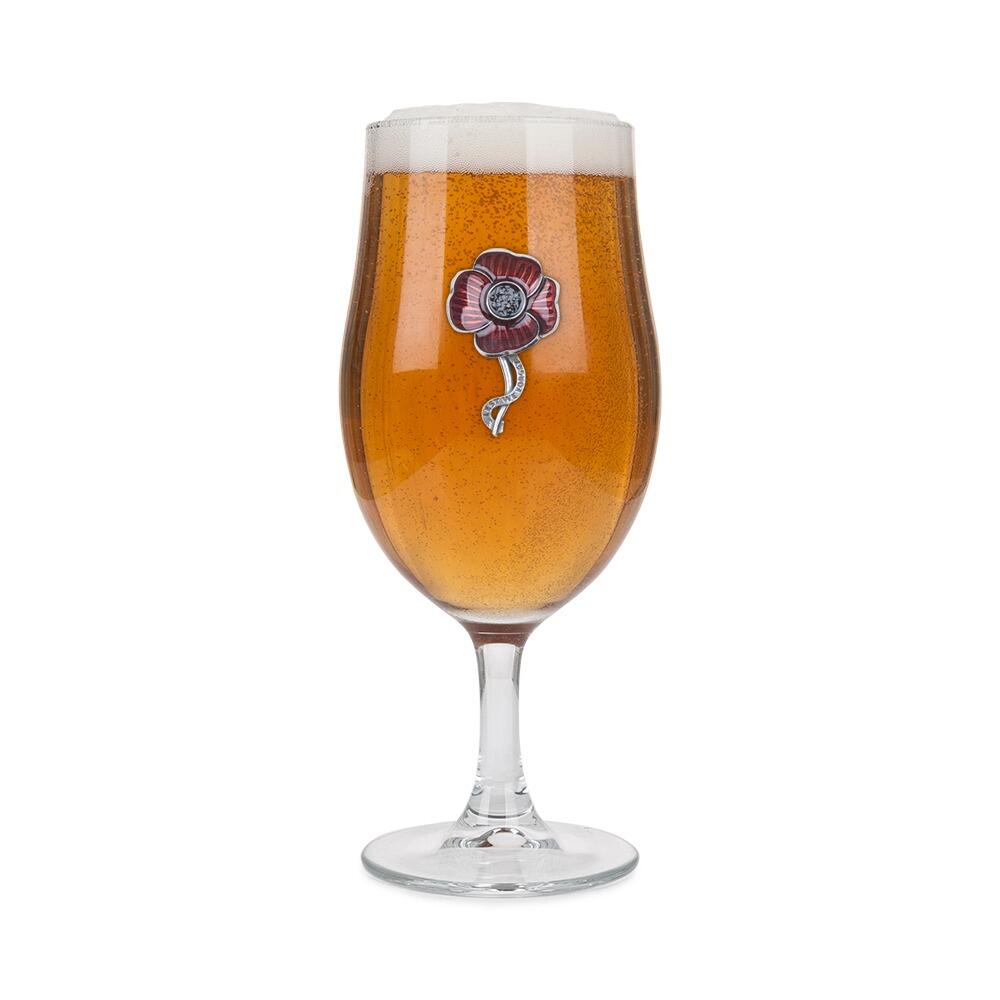 A Stemmed Pint Beer Glass with a Pewter Poppy badge on the front, filled with Beer