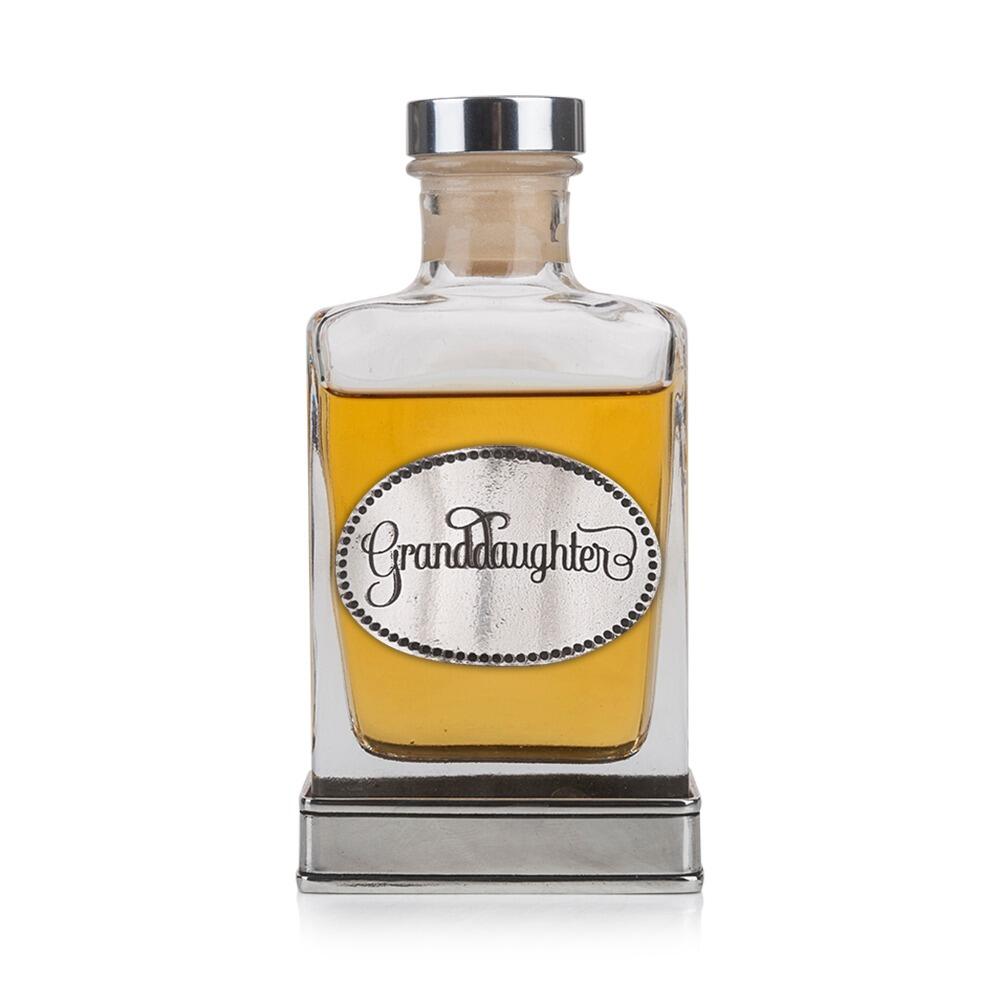 Handcrafted glass hip flask with pewter base featuring detailed granddaughter emblem on front