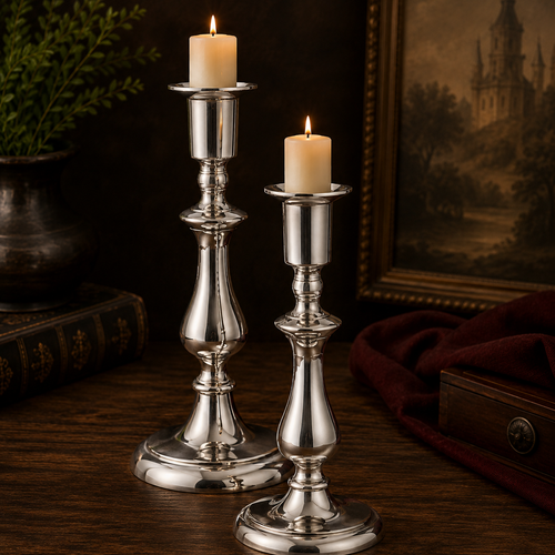 Handcrafted polished pewter goblet in a medieval-inspired dining setting with wine, grapes, cheese, and candlelight