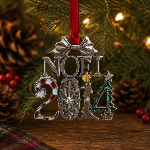 Pewter NOEL 2014 Christmas ornament hanging from a festive Christmas tree branch, featuring colourful enamel details including a candy cane, snowflake, candle and Christmas tree, surrounded by warm golden lights, pinecones and seasonal holiday décor.
