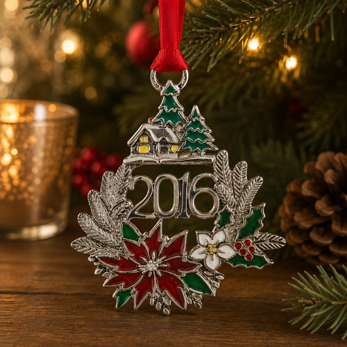 Pewter 2016 Christmas ornament featuring poinsettia flower, holly leaves and winter cottage design, handcrafted festive holiday tree decoration