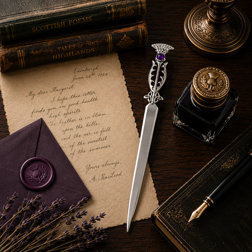 Handcrafted pewter Scottish thistle letter opener featuring a purple gemstone accent, displayed with antique writing accessories on a traditional desk.