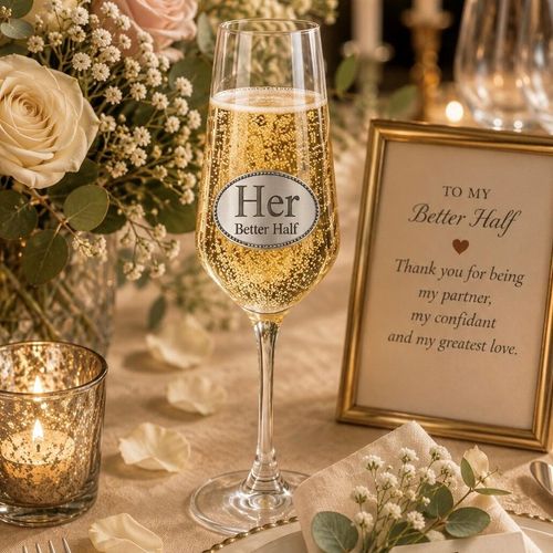 A clear champagne flute glass filled with bubbling champagne, featuring an oval pewter emblem engraved with 'Her Better Half' in clean text