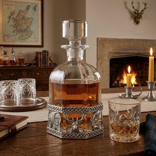 A clear glass spirits decanter filled with whisky, sitting in an ornate, hexagonal pewter base decorated with Celtic knot borders and reliefs of a stag's head, a whisky barrel, and a salmon