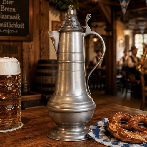 A tall, traditional Bavarian style lidded pewter pitcher or flagon with a brushed metallic finish, featuring a structured body that tapers from a rounded base up to a defined pouring spout. It is fitted with an ornate, cone-shaped hinged lid covered in intricate relief carvings and a stylized scroll thumbpiece on the handle