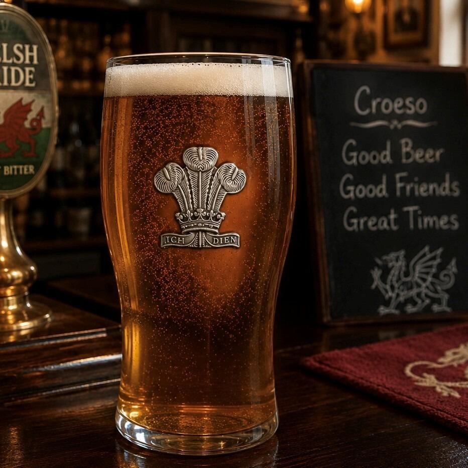Pint glass featuring handmade pewter Welsh Feathers badge, filled with golden beer