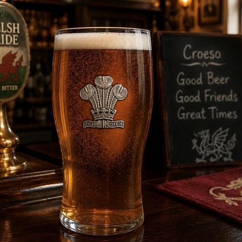 Pint glass featuring handmade pewter Welsh Feathers badge, filled with golden beer