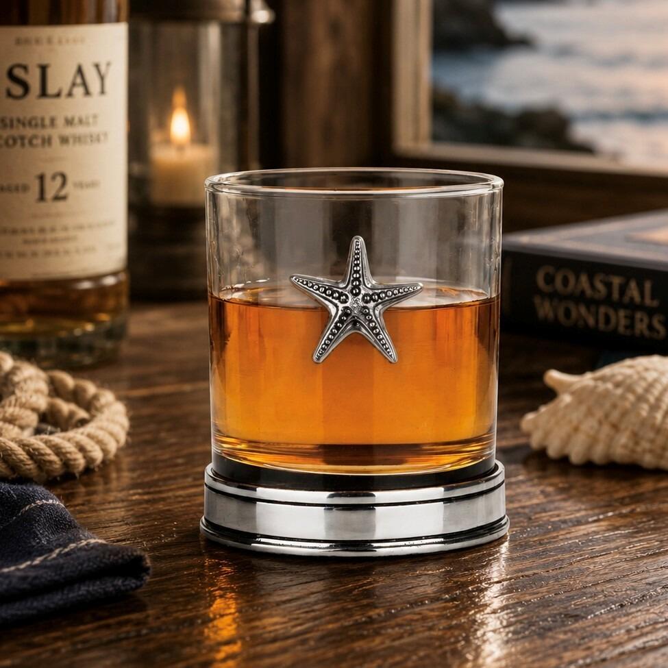 Whisky tumbler with pewter starfish motif and polished base, partially filled with amber liquid