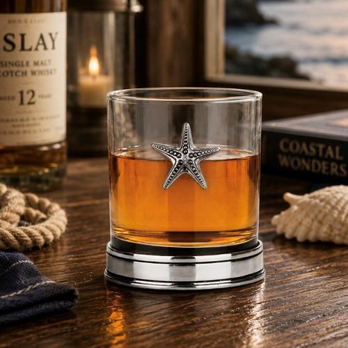 Whisky tumbler with pewter starfish motif and polished base, partially filled with amber liquid