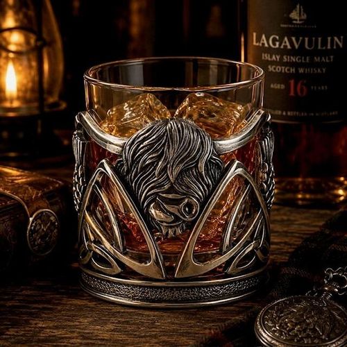 A lowball glass whisky tumbler filled with amber spirits and ice cubes, nestled in an ornate pewter holder. The front of the holder features a prominent, high-relief sculpted head of a shaggy Highland cow with long, sweeping horns that span across the top edge. The lower portion of the frame is decorated with openwork Archibald Knox or Art Nouveau-style swirling geometric lines and subtle knotwork