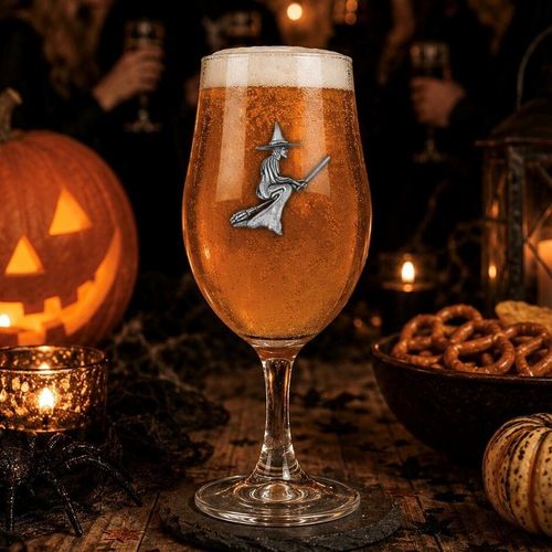 Stemmed beer glass featuring a detailed pewter witch on a broomstick motif