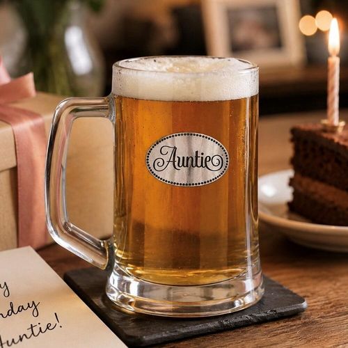 A Beer Tankard with a Pewter Auntie badge on the front, filled with Amber Beer