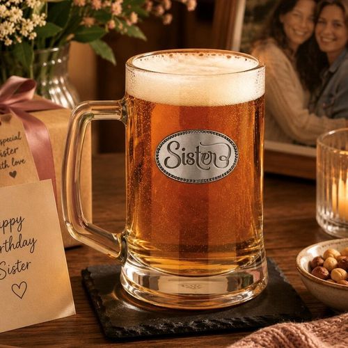 A Beer Tankard with a Pewter Sister badge on the front, filled with Amber Beer