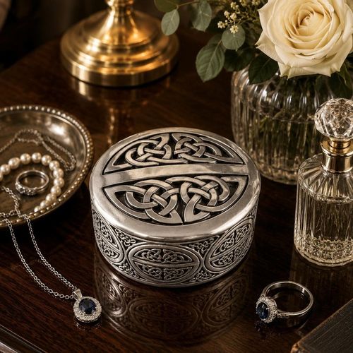 Oval pewter trinket box featuring detailed Celtic knotwork and traditional heritage design
