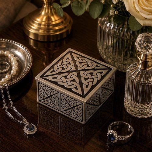 Square pewter trinket box with a four-quadrant Celtic knotwork design on a dark background