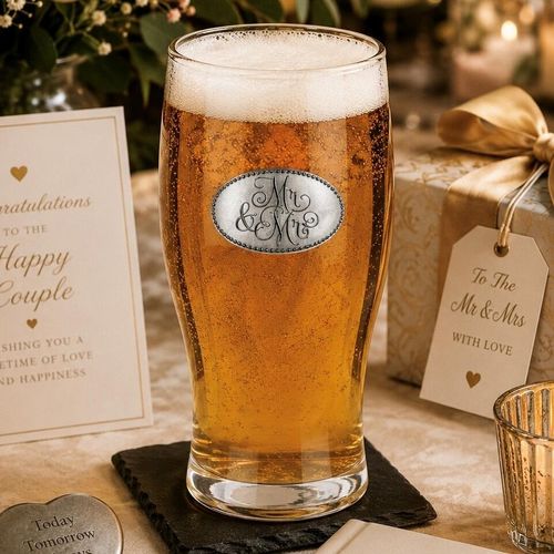 Pint glass with handmade pewter Mr and Mrs elegant typography badge filled with golden beer