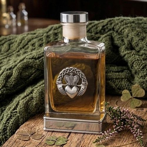 Handcrafted glass hip flask with pewter base featuring detailed Claddagh emblem on front