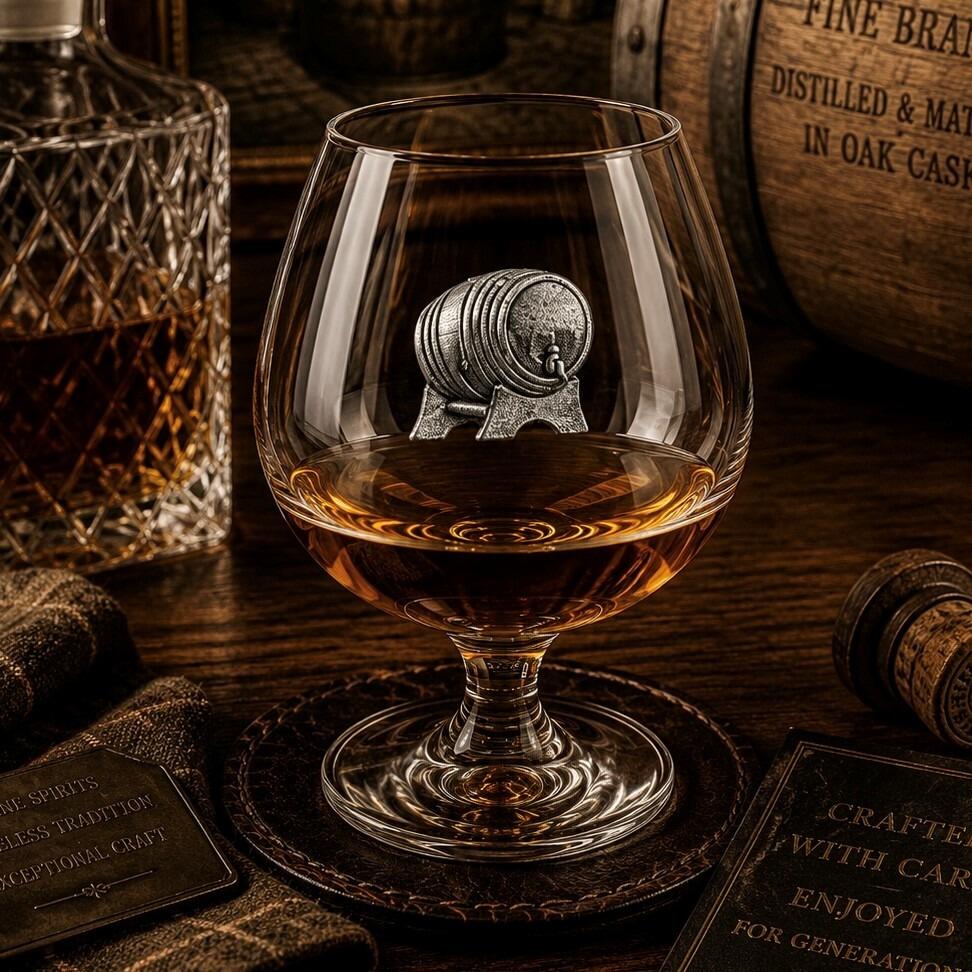 Brandy Glass with a Pewter Barrel badge on the front