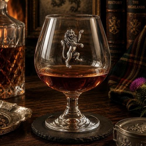 Crystal brandy glass with pewter Rampant Lion emblem, partially filled with amber liquid