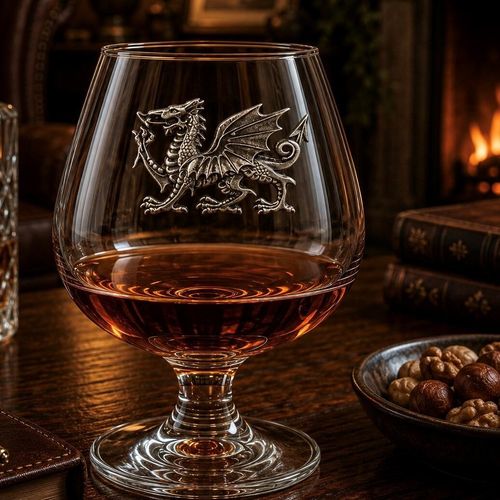 Crystal brandy glass with pewter Welsh Dragon emblem, partially filled with amber liquid