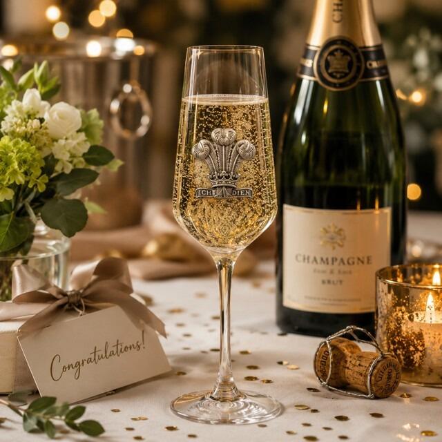 A Champagne Flute with a Pewter Welsh Feathers badge on the front, filled with Champagne